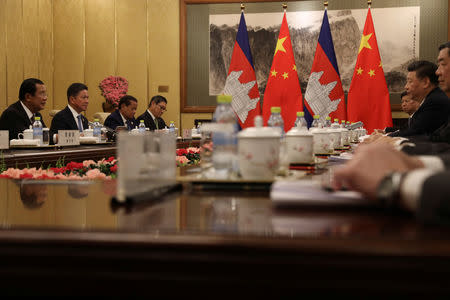 Cambodian Prime Minister Hun Sen meets with Chinese President Xi Jinping at the Diaoyutai state guesthouse in Beijing, China, January 21, 2019. Ng Han Guan/Pool via REUTERS