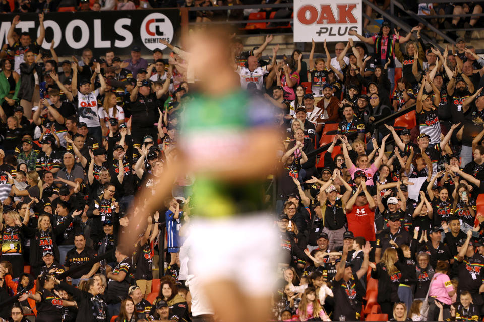 Panthers fans, pictured here performing the 'Viking Clap' during their clash with the Canberra Raiders.