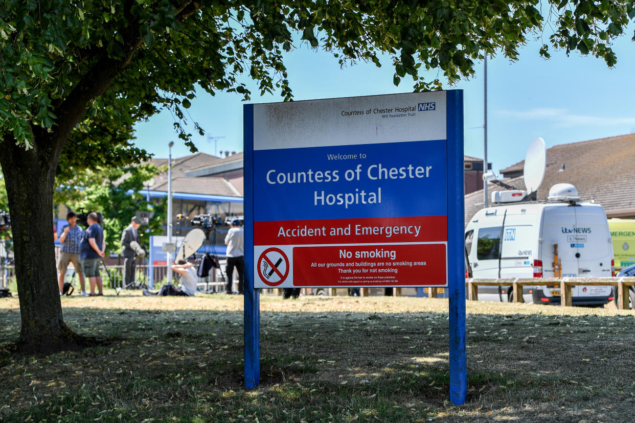 CHESTER, ENGLAND - JULY 03:  Media gather outside the Countess of Chester Hospital on July 3, 2018 in Chester, United Kingdom. Health care worker at the Countess of Chester Hospital, Lucy Letby, has been arrested on suspicion of murdering eight babies.  Cheshire Police having been have been investigating the deaths of 17 newborns at the neonatal unit between March 2015 and July 2016.  (Photo by Anthony Devlin/Getty Images)