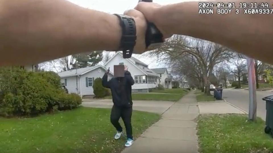 PHOTO: Body camera footage released by the city of Akron shows the April 1, 2024 shooting of a teenager determined to be holding a fake gun by an Akron police officer.  (Akron Police Department/City of Akron)