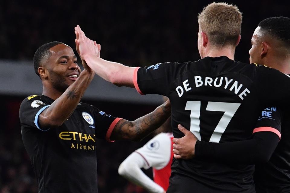 Raheem Sterling celebrates with Kevin De Bruyne. (Credit: Getty Images)