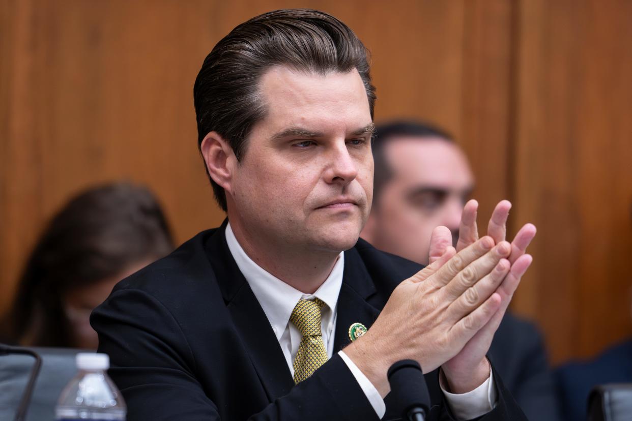 Rep. Matt Gaetz, R-Fla., prepares to question Attorney General Merrick Garland as he appears before a House Judiciary Committee hearing, Wednesday, Sept. 20, 2023, on Capitol Hill in Washington. Gaetz is leading resistance to a stopgap funding measure that would keep the federal government from shutting down.