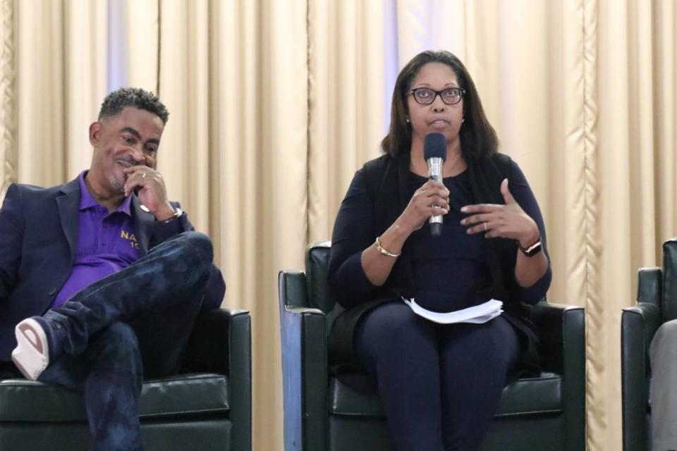 Luther Wilkins, left, president of Manatee County Branch of the NAACP, and Shelli Eddie-Freedland were among participants on Thursday, Oct. 19, 2023 at Elevating CommUnity. 