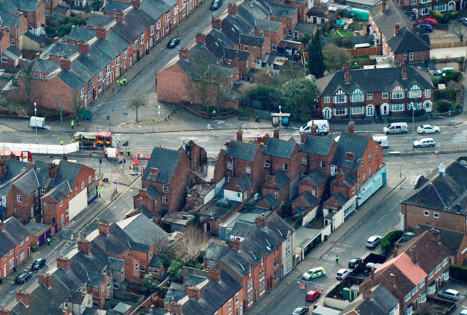 <em>An aerial view of the scene in Leicester on Monday morning as emergency services continued to investigate the blast (SWNS)</em>