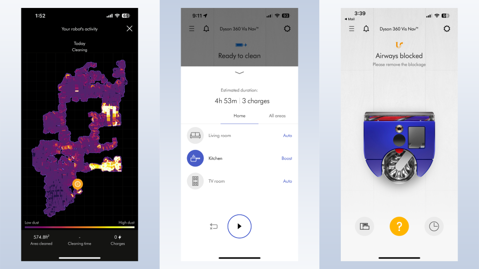 Various screenshots of the excellent MyDyson app.