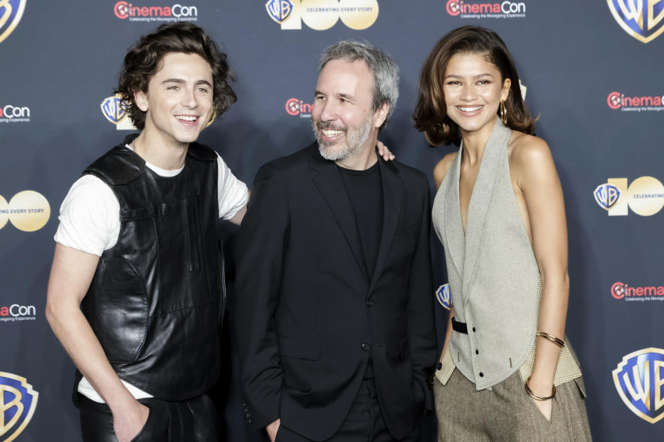 LAS VEGAS, NEVADA - APRIL 25: (L-R) Timothee Chalamet, Denis Villeneuve and Zendaya attend the red carpet promoting the upcoming film 