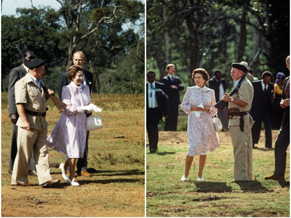 Queen Elizabeth II and Prince Philip are shown around the 'Treetops' hotel by Richard Prickett on November 13, 1983 near Sagana in Kenya. It was thirty two years beforehand that the Queen had been staying at 'Treetops' when she learnt of her father's death and that she had become monarch. This return was a part of a 'Royal Tour' of Kenya