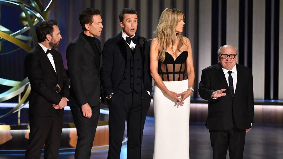 Charlie Day, Glenn Howerton, Rob McElhenney, Kaitlin Olson and Danny DeVito at Monday's Emmy Awards - Valerie Macon/AFP/Getty Images