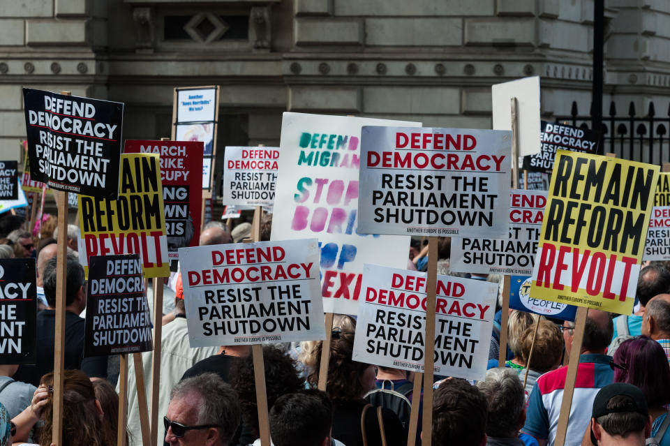 Thousands of demonstrators gather outside Downing Street on 31 August, 2019 in London, England to take part in Stop the Coup protests against the prorogation of the UK Parliament. Hundreds of thousands of people across major cities in the UK are expected to join protests against Boris Johnson's plans to suspend parliament for five weeks ahead of a Queens Speech on 14 October, which has limited the time available for MPs to legislate against a no-deal Brexit with the UK is set to leave the EU on the 31 October. (Photo by WIktor Szymanowicz/NurPhoto via Getty Images)