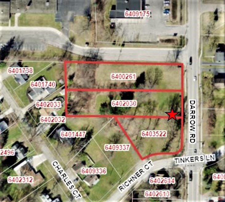 This map shows the site of a planned commercial complex (red rectangles) at Darrow Road and Tinkers Lane/Richner Court, which will include offices for Holt Orthodontics.