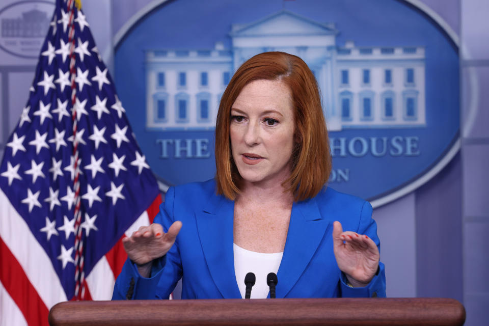 White House Press Secretary Jen Psaki gestures as she speaks at a daily press briefing in the James Brady Press Briefing Room of the White House on July 27, 2021 in Washington, DC. (Anna Moneymaker/Getty Images)