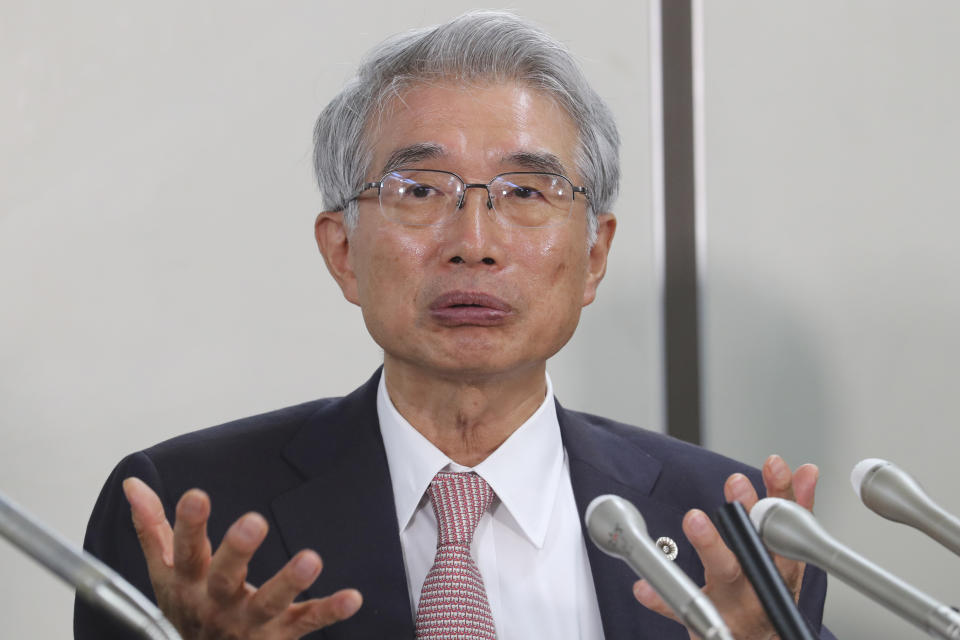 Junichiro Hironaka, a lawyer of former Nissan Chairman Carlos Ghosn, speaks during a press conference in Tokyo, Thursday, Oct. 24, 2019. The lawyers of former Nissan Chairman Carlos Ghosn, who is awaiting trial in Japan, said Thursday they have requested that financial misconduct charges against him be dismissed. (AP Photo/Koji Sasahara)