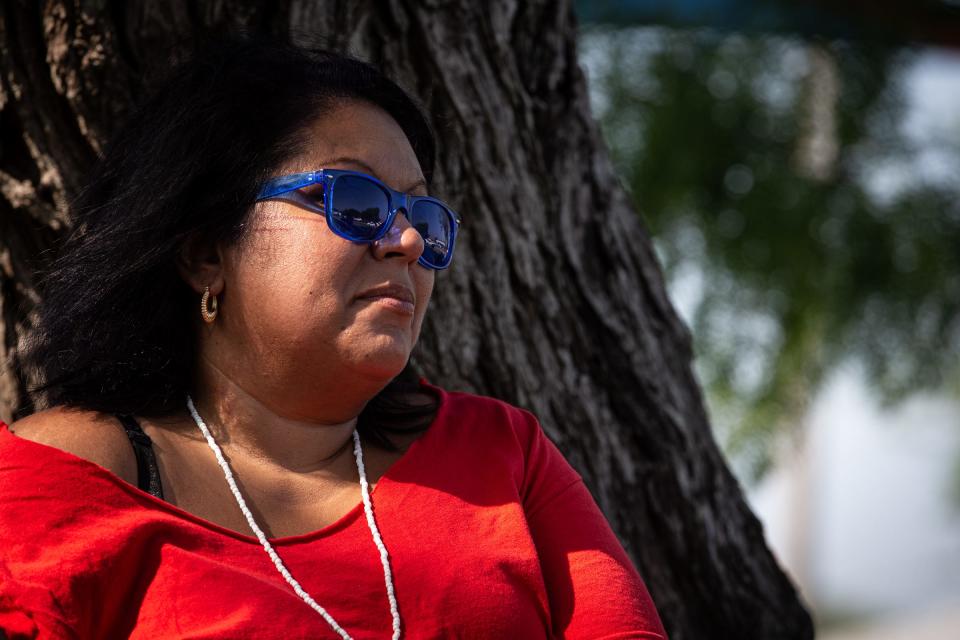 Love Sanchez, co-founder of intertribal group Indigenous Peoples of the Coastal Bend, leads a quarterly meeting on April 15, 2023, at Carroll Lane Park in Corpus Christi, Texas.
