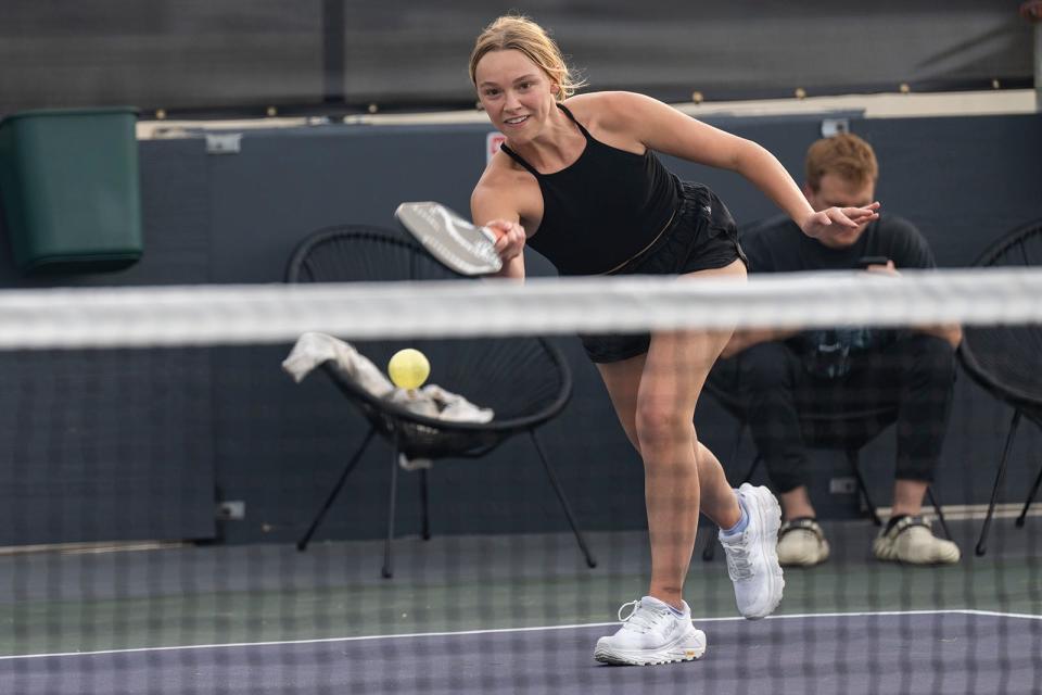 Payton Leihgeber plays pickleball at the new Austin Pickle Ranch Wednesday, Sept. 27, 2023. The grand opening is on October 1.