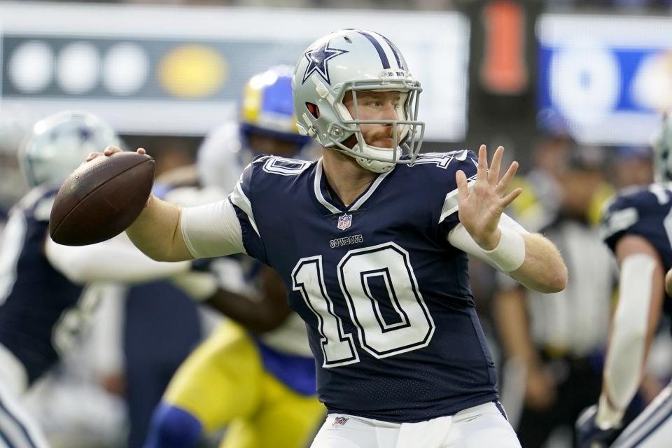 Dallas Cowboys quarterback Cooper Rush (10) throws a pass in the second half of an NFL football game against the Los Angeles Rams, Sunday, Oct. 9, 2022, in Inglewood, Calif. (AP Photo/Marcio Jose Sanchez)