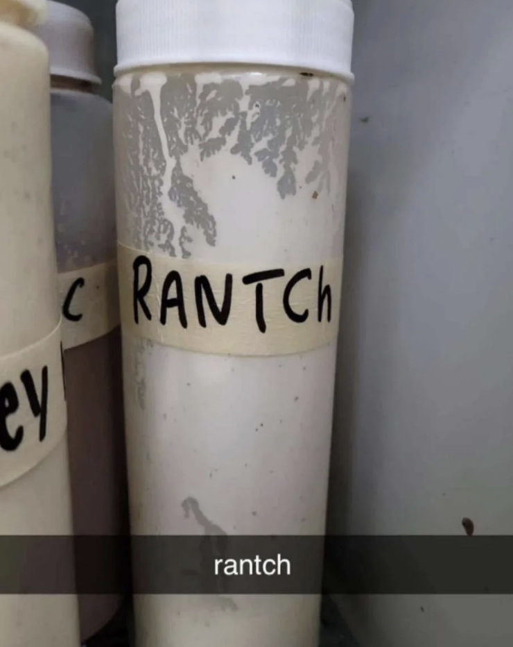 A bottle labeled "RANTch" is seen. The bottle contains a creamy white substance, and there are other bottles partially visible in the background. Text below reads "rantch."