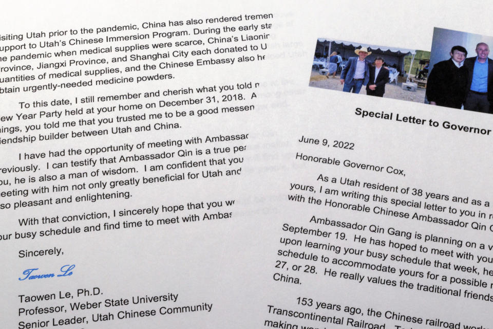 This image made on Feb. 13, 2023 shows a letter from Utah professor Taowen Le to Utah Gov. Spencer Cox in 2022 urging him to meet with a Chinese ambassador. Le is among China's most vocal advocates in the state. An investigation found that China’s global influence campaign has been surprisingly robust and successful in Utah. (AP Photo/Jon Elswick)