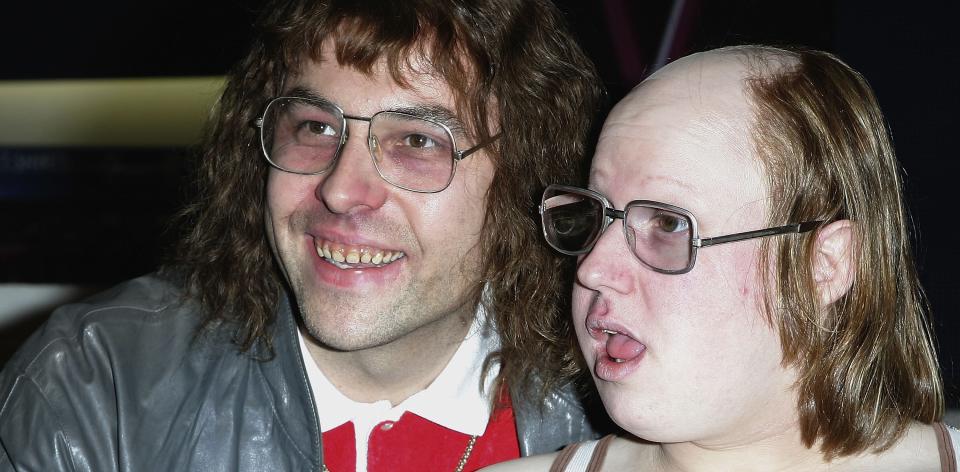 David Walliams and Matt Lucas pose as characters Lou and Andy at HMV on Oxford Street during their launch of the Little Britain Live DVD on November 13, 2006 in London.  (Photo by Gareth Cattermole/Getty Images)