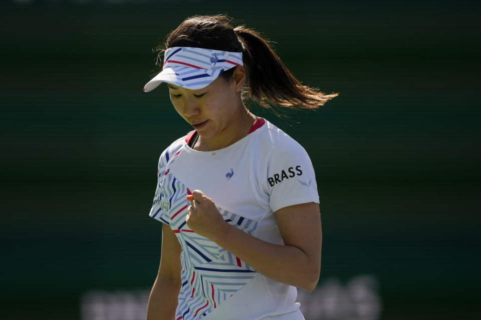 Nao Hibino, of Japan, celebrates winning a point against Venus Williams, of the United States, at the BNP Paribas Open tennis tournament, Thursday, March 7, 2024, in Indian Wells, Calif. (AP Photo/Ryan Sun)