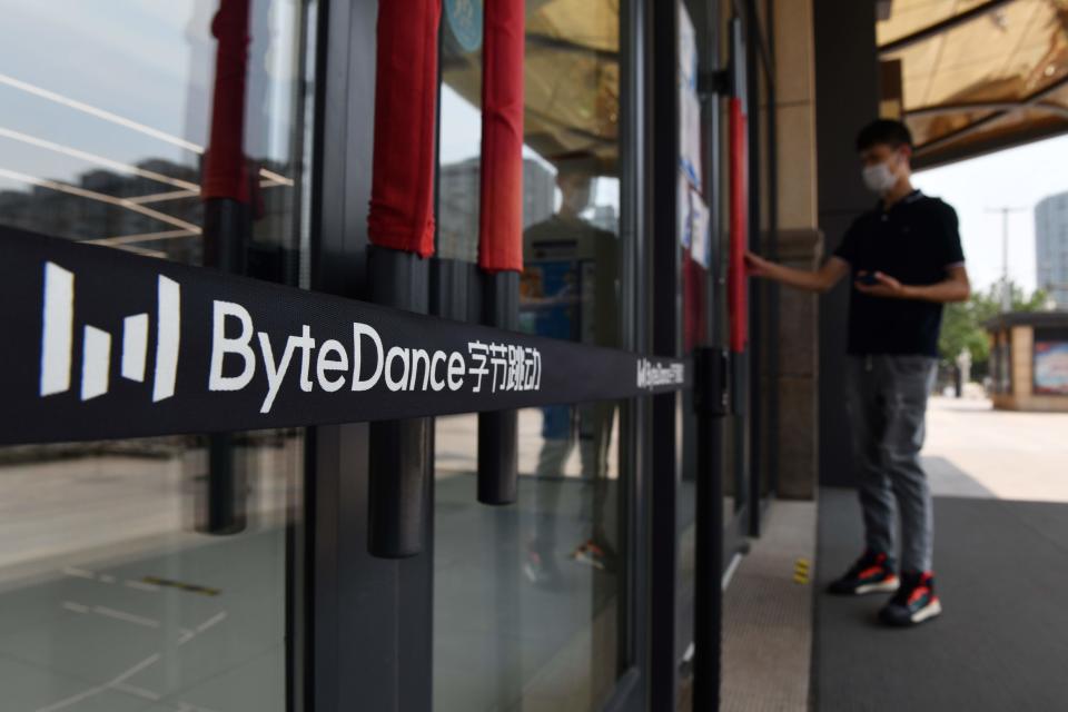 The ByteDance logo is seen at the entrance to a ByteDance office in Beijing on July 8, 2020. - Video sharing app TikTok, which is owned by Chinese company ByteDance, announced on July 6 it was pulling out of Hong Kong, less than a week after a new national security law went into effect. (Photo by GREG BAKER / AFP) (Photo by GREG BAKER/AFP via Getty Images)