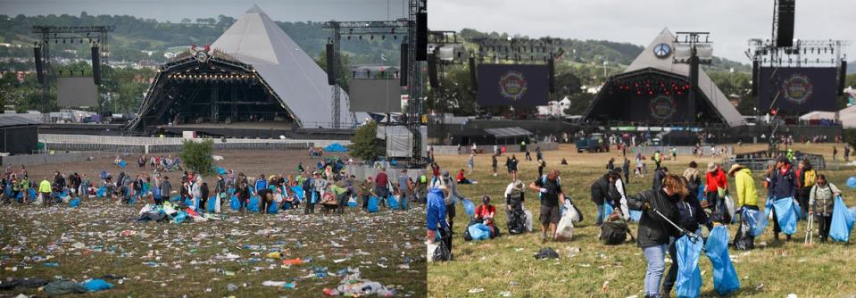 The litter clean up in front of the Pyramid stage in 2014 (left) and 2022 (right) (Getty Images)