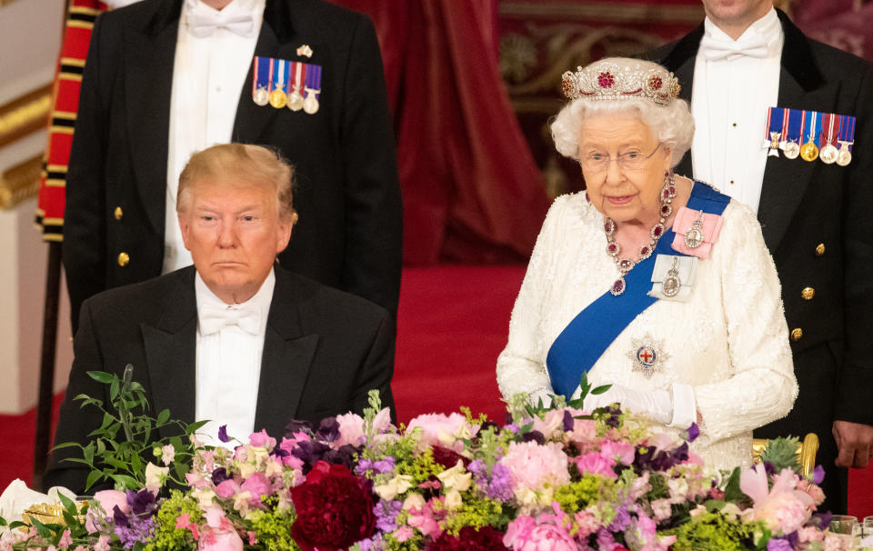 LONDON, ENGLAND - JUNE 03: U.S. President Donald Trump listens as Queen Elizabeth II makes a speech during a State Banquet at Buckingham Palace on June 3, 2019 in London, England. President Trump's three-day state visit will include lunch with the Queen, and a State Banquet at Buckingham Palace, as well as business meetings with the Prime Minister and the Duke of York, before travelling to Portsmouth to mark the 75th anniversary of the D-Day landings.  (Photo by Dominic Lipinski- WPA Pool/Getty Images)