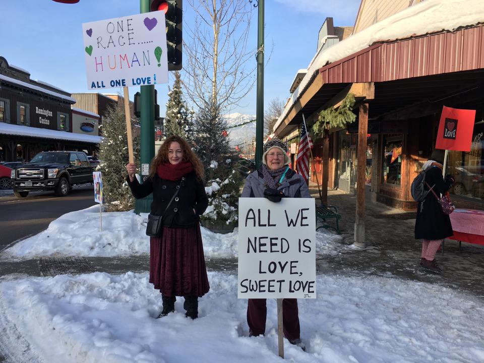 Local Whitefish residents stood for hours on the corner of Central and Second, just in case any white supremacists showed up. (Photo: Andrew Romano/Yahoo News)