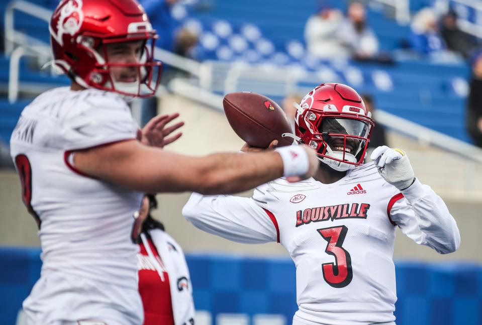 Louisville's Malik Cunningham warms up before UK in Saturday's Governors Cup college football game. Nov. 26, 2022.  