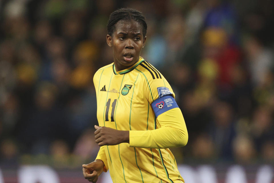 FILE - Jamaica's Khadija Shaw runs during the Women's World Cup Group F soccer match between Jamaica and Brazil in Melbourne, Australia, Wednesday, Aug. 2, 2023. Players for the Jamaican women’s national team say they’re boycotting a pair of tournament matches because of “constant mistreatment” by their soccer federation. was among those who posted a statement to Instagram this past weekend that said players from the country’s Women’s World Cup team would not take part in this week’s CONCACAF Women’s Gold Cup qualifiers. (AP Photo/Hamish Blair, File)