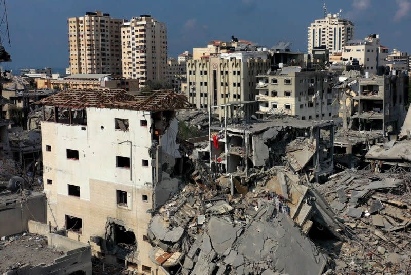 Aerial photo taken by drone shows the destruction in the middle of Gaza City made by Israeli attacks in the region. Hundreds are feared dead after explosions rocked Gaza's Al-Ahli Baptist Hospital, where thousands of civilians had sought shelter amid Israel's fight with Hamas militants, according to local reports. Photo by Mustafa Thraya/UPI