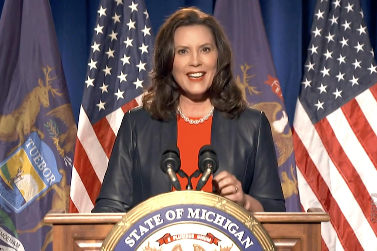 In this screenshot from the DNCC’s livestream of the 2020 Democratic National Convention, Michigan Gov. Gretchen Whitmer addresses the virtual convention on August 17, 2020. (Handout/DNCC via Getty Images)