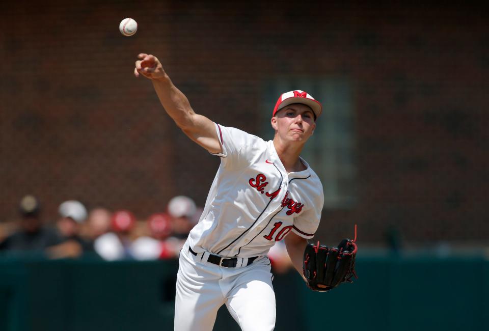 Orchard Lake St. Mary's pitcher Brock Porter throws to first base in a pickoff attempt against New Boston Huron on Friday, June 18, 2021, at McLane Stadium in East Lansing.