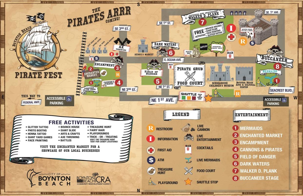 A map of all the food, activities and entertainment planned for the 2023 Boynton Beach Pirate Fest.