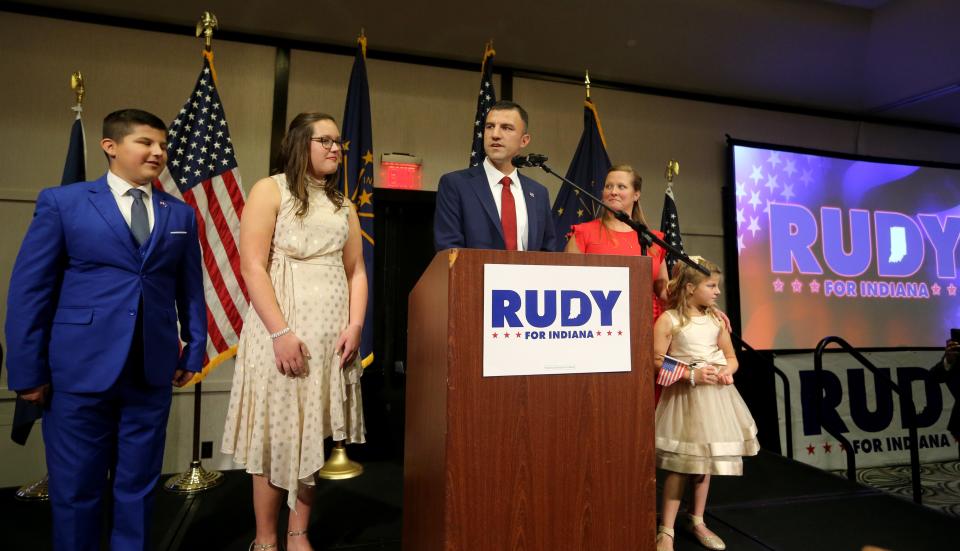 Republican Rudy Yakym speaks Tuesday, Nov. 8, 2022, at the Gillespie Conference Center in South Bend after defeating Democrat Paul Steury in the race for U.S. Representative in Indiana’s 2nd District. 