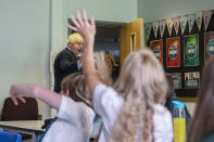 Prime Minister Boris Johnson visiting a year 7 class on their first day in school as he tours Castle Rock school, Coalville, in the east Midlands.