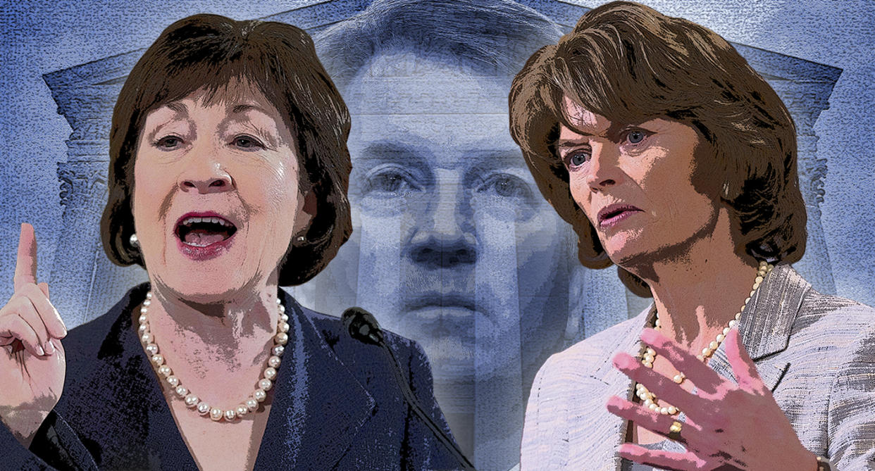 Sen. Susan Collins, R-Maine, and Sen. Lisa Murkowski, R-Alaska, with Judge Brett Kavanaugh (Photo illustration: Yahoo News; photos: Andrew Harnik/AP, AP, Manuel Balce Ceneta/AP, Jim Watson/AFP/Getty Images, Pablo Martinez Monsivais/AP)