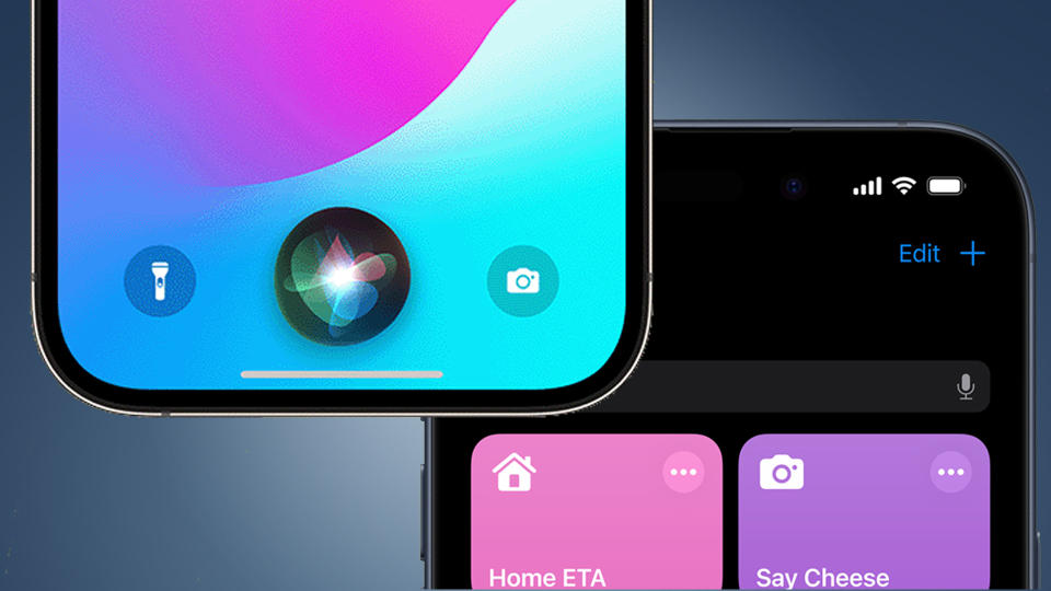 Two iPhones on a blue background showing Siri and Shortcuts