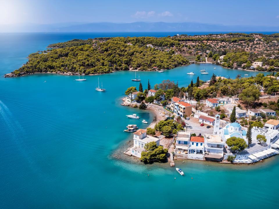 Aerial view of the town Porto Cheli, a luxury seaside retreat at the east edge of the Peloponnese peninsula, Greece