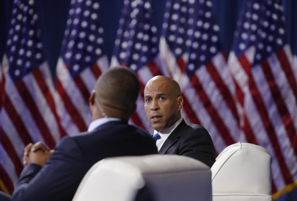 Democratic presidential candidate Sen. Cory Booker, D-N.J., listens during a gun safety forum Wednesday, Oct. 2, 2019, in Las Vegas. (AP Photo/John Locher)