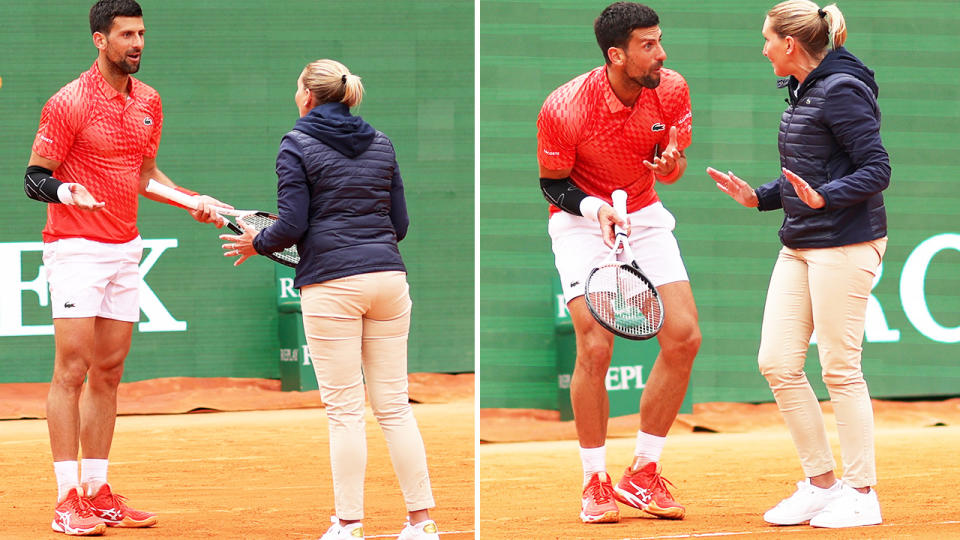 Novak Djokovic, pictured here incredulous that umpire Aurelie Tourte wouldn't overrule the bad call.