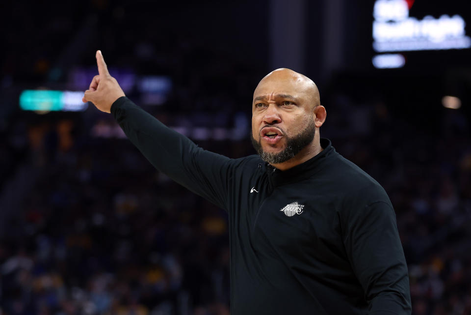 SAN FRANCISCO, CALIFORNIA - OCTOBER 18:  Head coach Darvin Ham of the Los Angeles Lakers reacts from the bench during the 1st half of the game against the Golden State Warriors at Chase Center on October 18, 2022 in San Francisco, California. NOTE TO USER: User expressly acknowledges and agrees that, by downloading and or using this photograph, User is consenting to the terms and conditions of the Getty Images License Agreement. (Photo by Ezra Shaw/Getty Images)