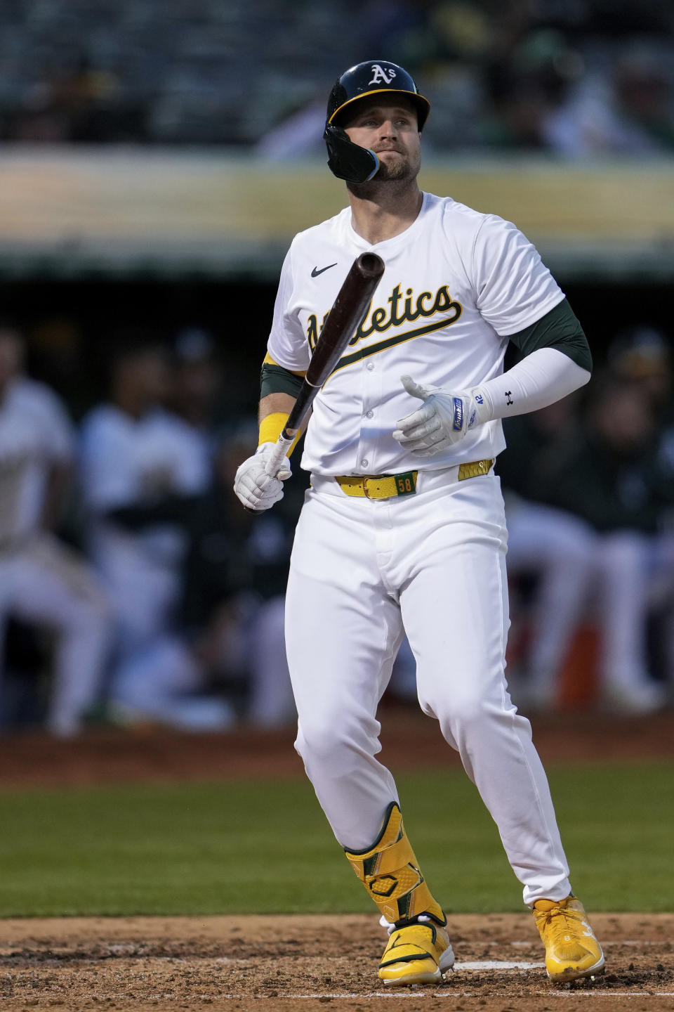 Oakland Athletics' Seth Brown reacts after striking out against the St. Louis Cardinals to end the fourth inning of a baseball game Monday, April 15, 2024, in Oakland, Calif. (AP Photo/Godofredo A. Vásquez)