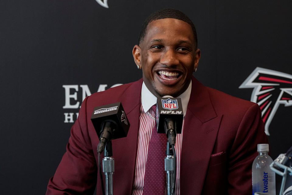 Atlanta Falcons first round draft pick quarterback Michael Penix Jr talks to the media at a press conference introducing him at the Falcons training complex.