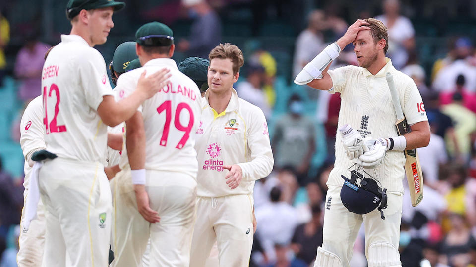Stuart Broad, pictured here shaking hands with Aussie players after the fourth Ashes Test ended in a draw.