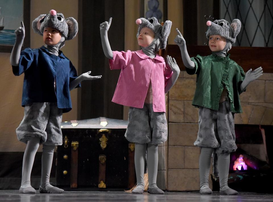 Dancers Charlee Moody, Marissa Simmons and Ava Davies as the mice in the River Raisin Ballet Company's production of "Cinderella" rehearse in Act 1 at the River Raisin for the Arts.