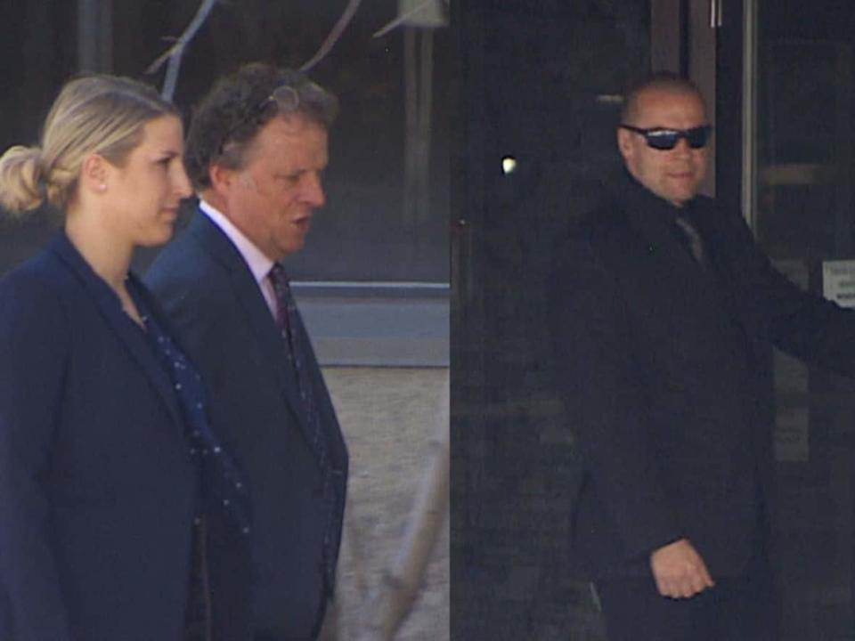 Const. Francesca Bechard with her lawyer, Robb Beeman, centre, and Cpl. Jason Archer, right. Bechard and Archer are each facing one count of assault for an alleged excessive use of force on a prisoner in October 2020.   (CBC News - image credit)