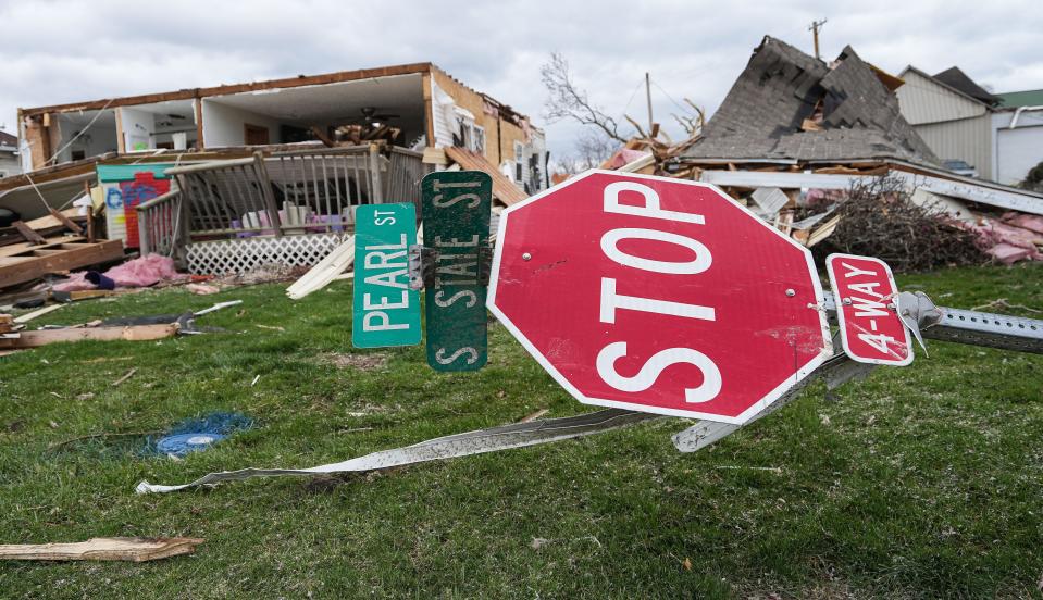 Homes lay in ruins after a tornado ripped Central Indiana on Saturday, April 1, 2023 in Whiteland.
