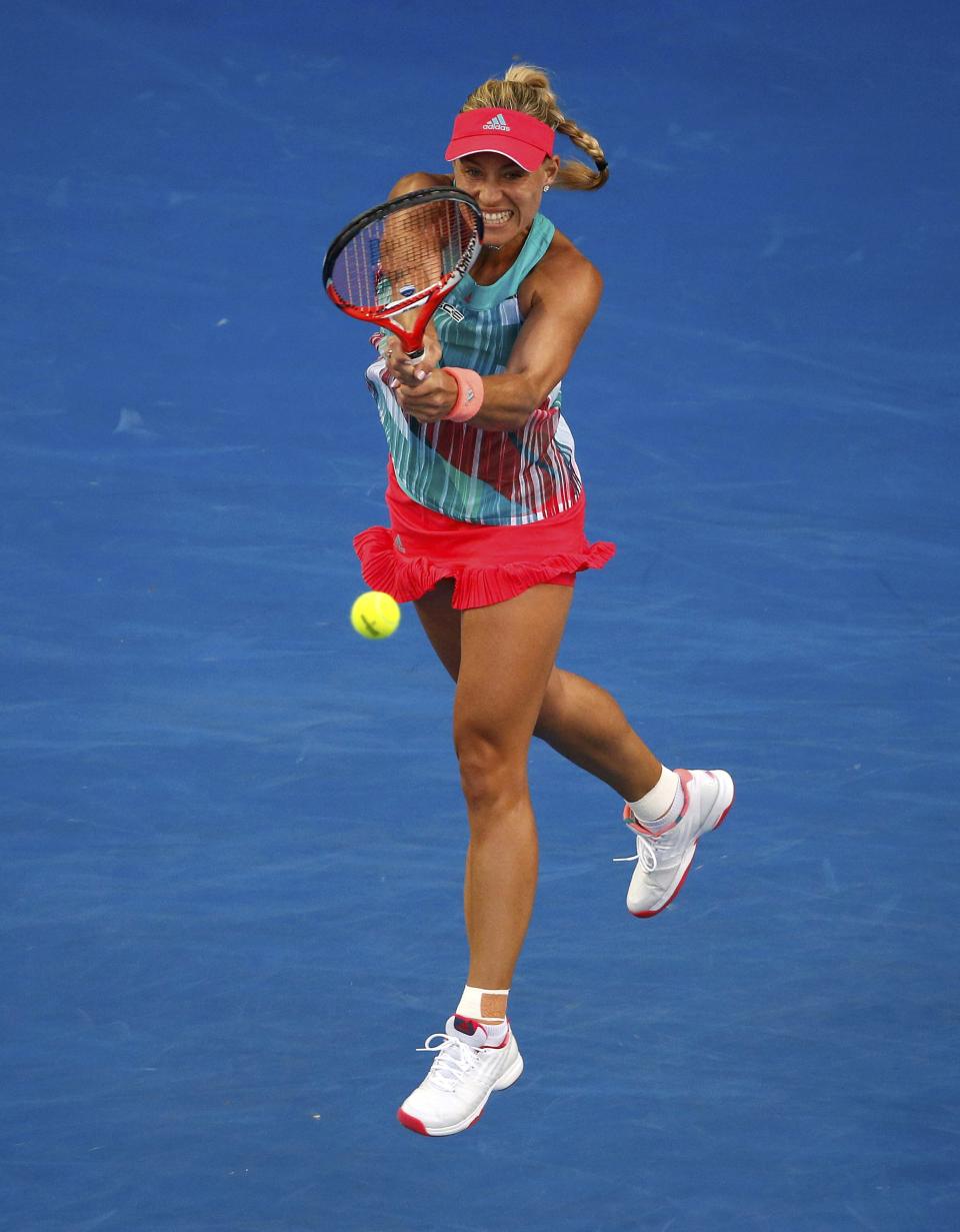 Germany's Angelique Kerber hits a shot during her second round match against Romania's Alexandra Dulgheru at the Australian Open tennis tournament at Melbourne Park, Australia, January 21, 2016. REUTERS/Jason Reed