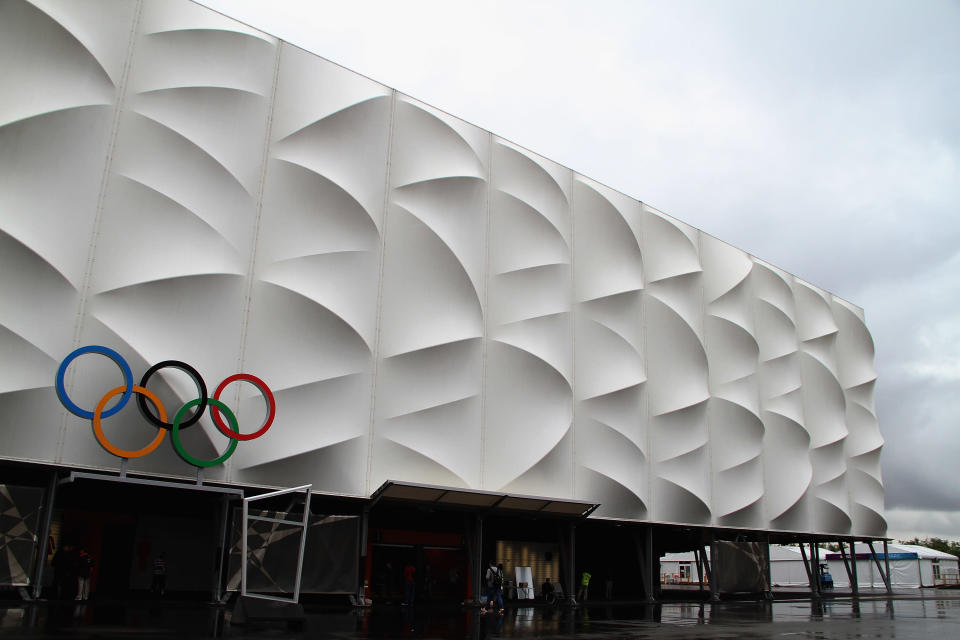 The Basketball Arena displays the Olympic Rings at the Olympic Park on July 14, 2012 in London, England. (Photo by Stanley Chou/Getty Images)