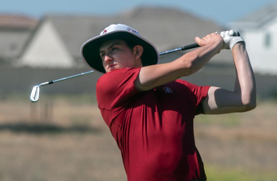 Stanford's Barclay Brown hits from the 6th tee during the NCAA Stockton regional golf tournament at the Reserve at Spanos Park golf course in Stockton.